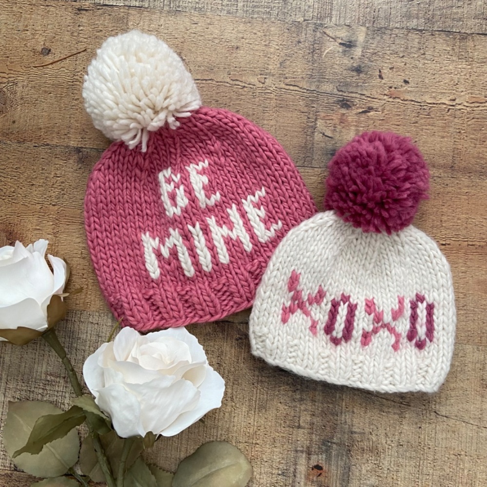 Beanie Hats (2) Hand Knit Cozy 2 HATS INFANT + Toddler Pom Pom Valentines Day